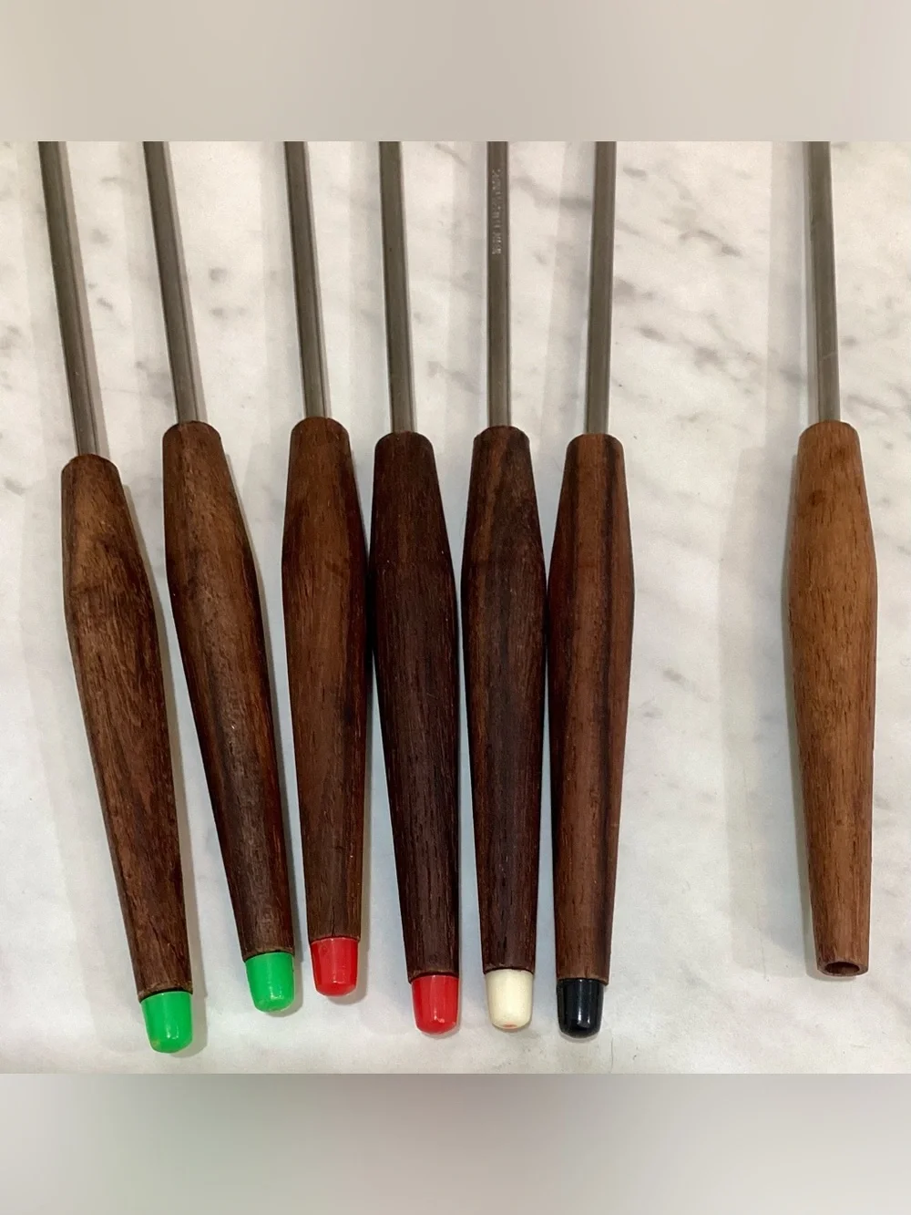 Vintage MCM Fondue Forks Set of 6 + 1 Bonus Extra Teak Wood Stainless Japan